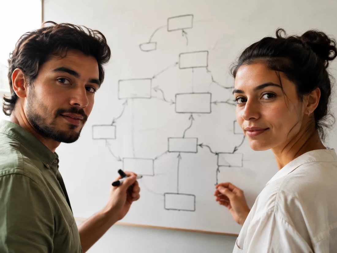 Duas pessoas riscando no quadro branco o esqueleto de uma tese